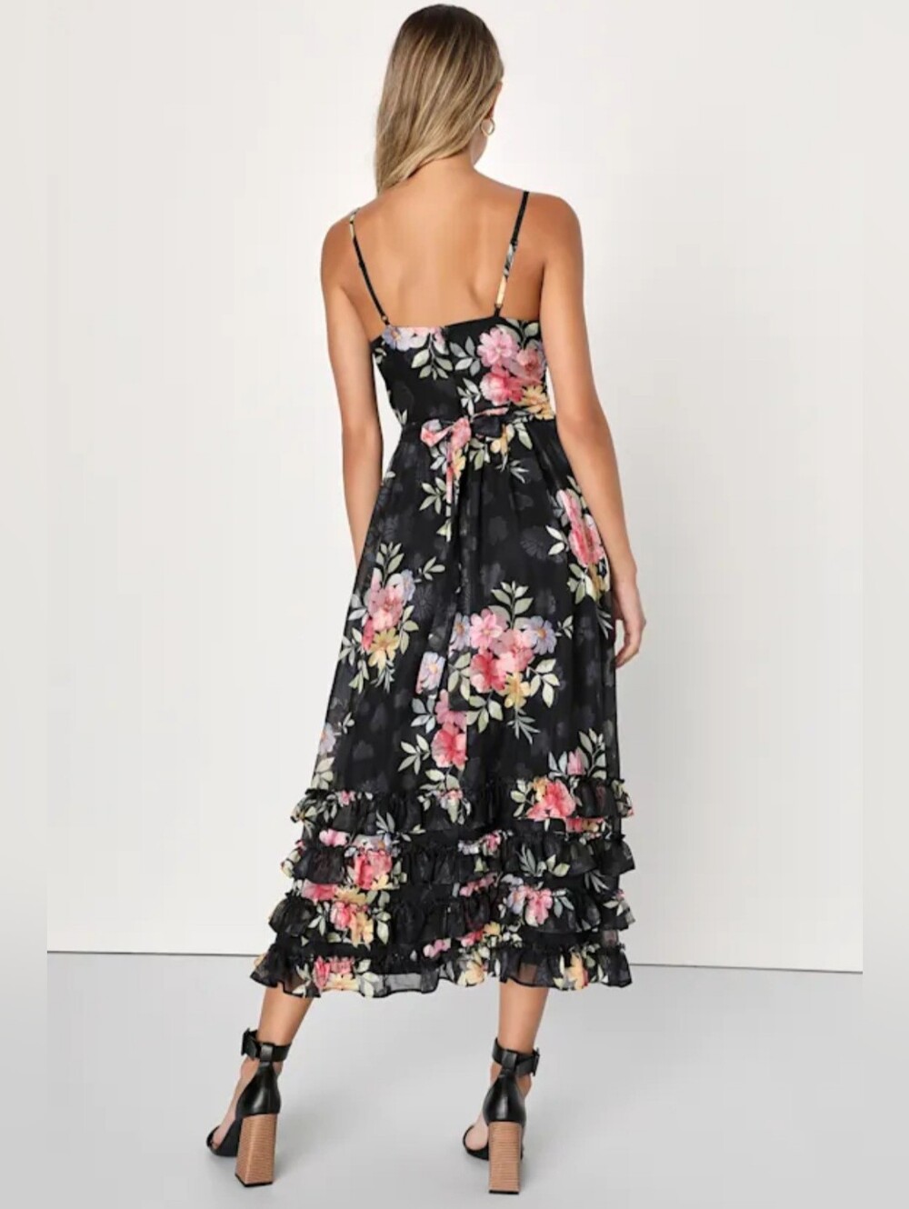 NEW Lulu's Elegant Radiance Black Floral Print Ruffled Bustier Midi Dress - Picture 4 of 14